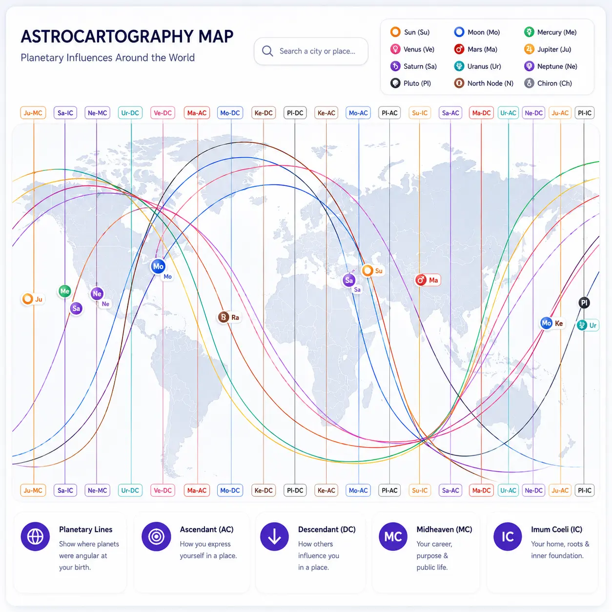 Astrocartography map — planetary influences around the world